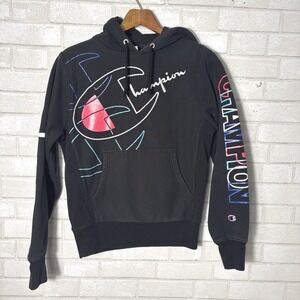 Champion Reverse Weave Mens Y2K Hoodie Small Mega‎ Logo Graphic Streetwear 90s